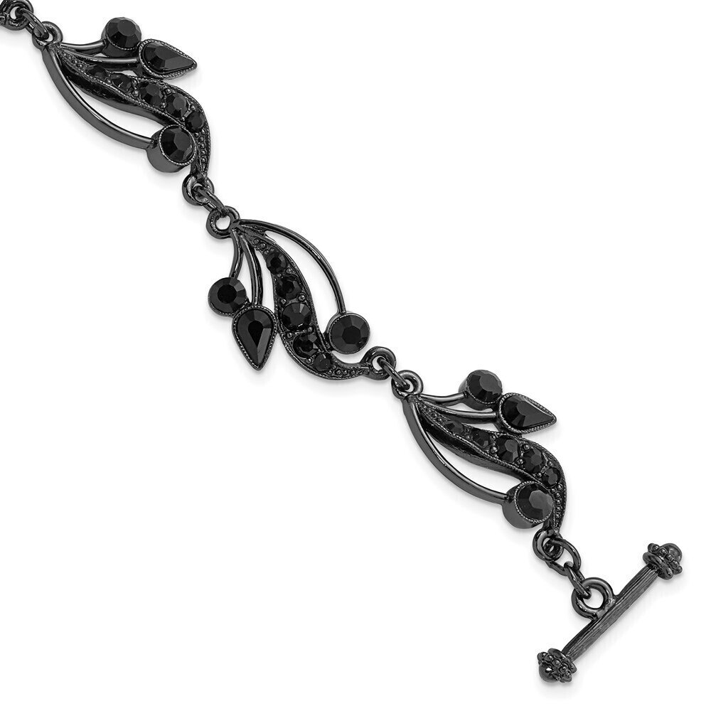 Black Crystals Teardrop, Circle Shapes Filigree Vine Motif Toggle Bracelet